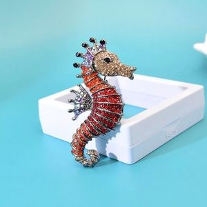 Red Rhinestone Seahorse Brooch